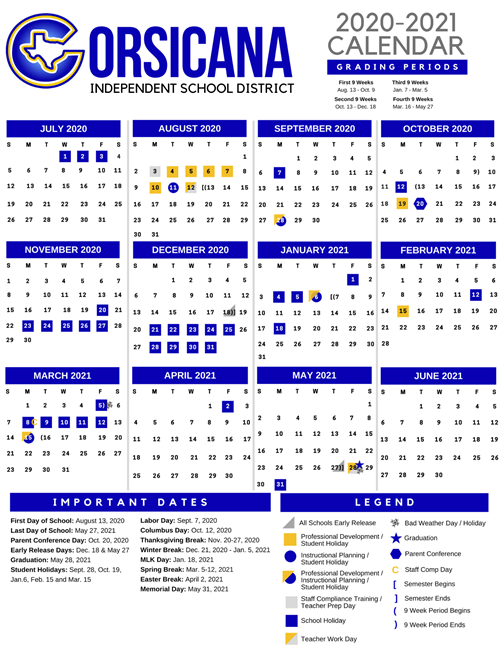 Corsicana Independent School District Calendar 2021-2022
